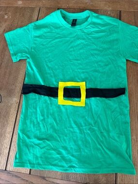 Kids or ladies Green Elf Costume T-Shirt with Black Belt and Yellow Buckle